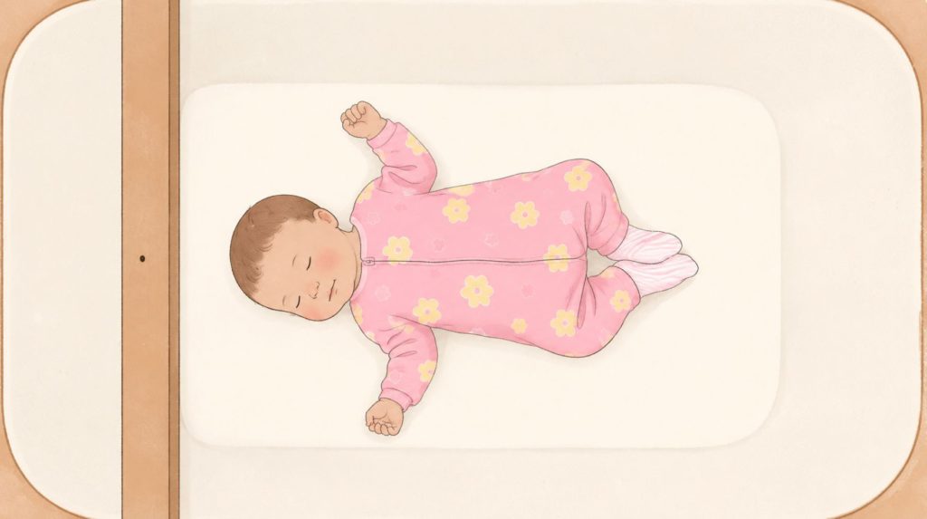 Baby sleeping in a crib safely as per the 12 safe sleep guidelines by AAP