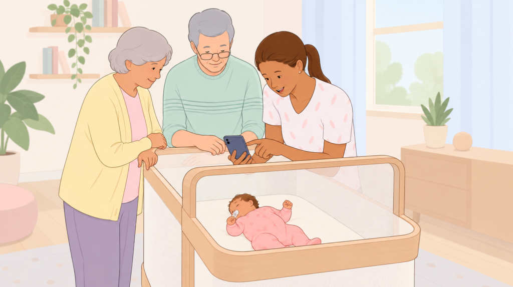 Caregivers watching their baby sleep in a bare crib in order to reduce SIDS risk
