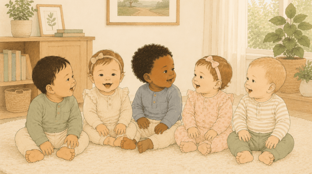 Babies sitting in a row, all unique like their unique baby names