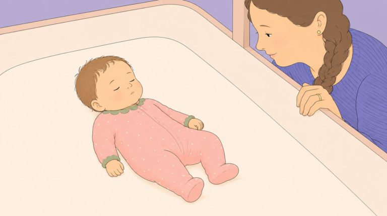 A mother watching baby sleep safely in the crib