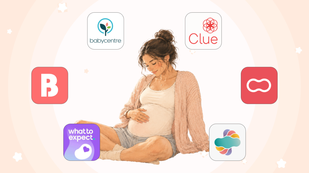 A pregnant woman surrounded by the best pregnancy apps