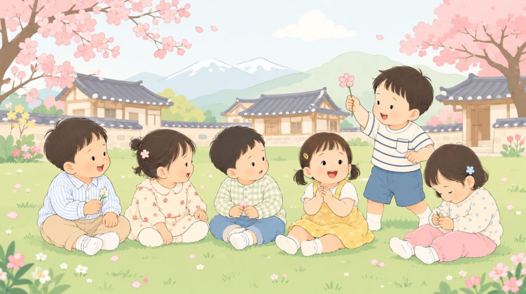 Japanese toddlers playing outdoors in the spring season