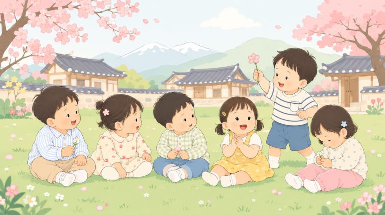 Japanese toddlers playing outdoors in the spring season