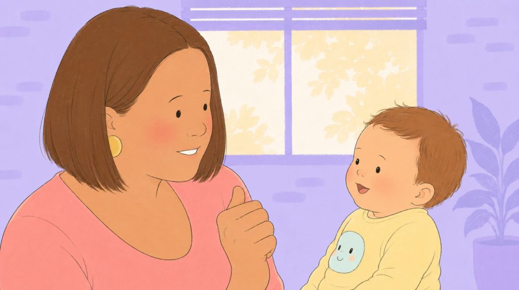 Mom teaching baby sign language