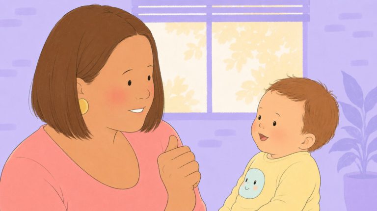 Mom teaching baby sign language