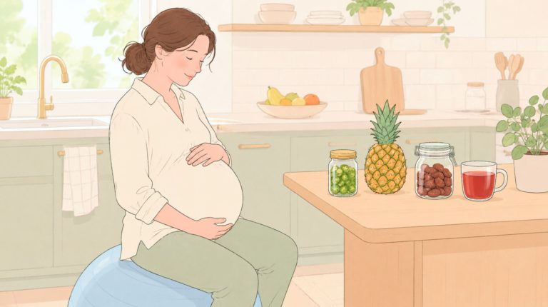 Pregnant woman sitting on a birthing ball, and thinking of consuming pickles, eating pineapple and dates, red raspberry leaf tea to induce labor naturally
