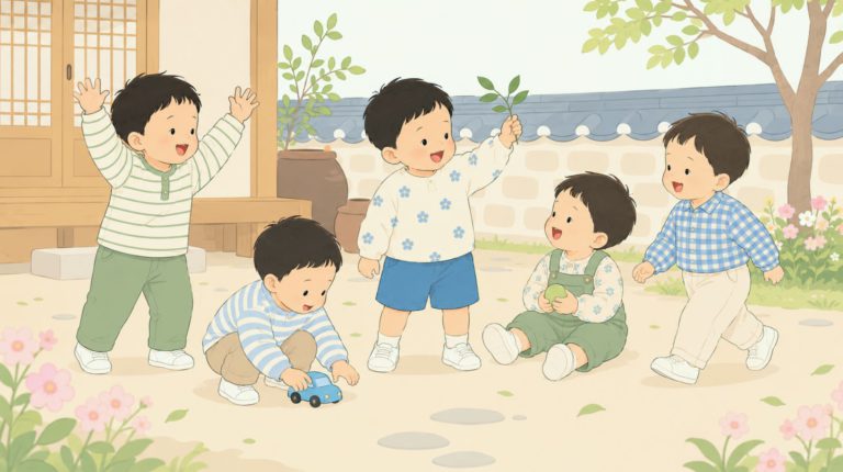 Little Korean boys playing outdoors and having fun