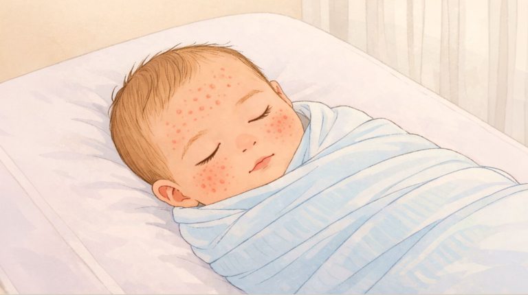 Newborn baby with red bumps, baby acne on his face sleeping peacefully in his crib, swaddled in Cradlewise soft muslin wrap.