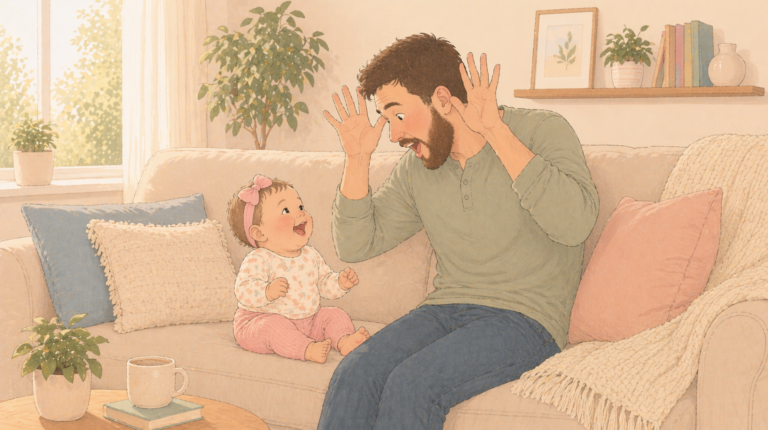 A little girl laughs at her dad while he makes funny faces