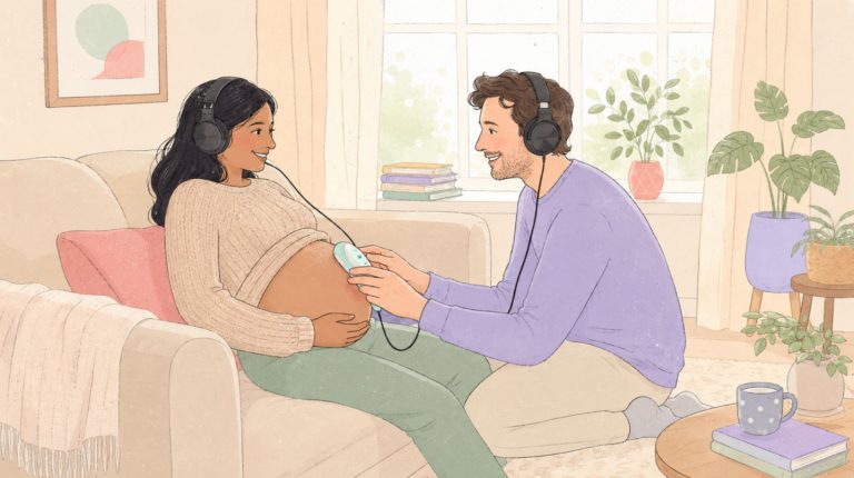 Expecting parents trying to hear fetal heartbeat by using handheld or at-home Doppler and smiling at each other