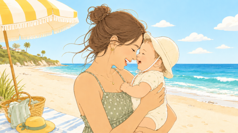 A mom holding her baby in the sunshine around the beach, capturing 50 summer baby names that capture sunshine, warmth, and wonder