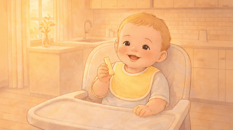 A baby holding a stick of butter