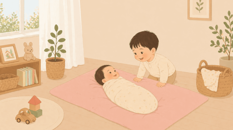 A toddler smiling at his newborn sibling who is swaddled and looking up smiling.