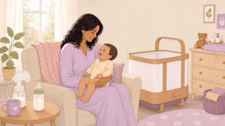 A mother engaging with her baby, while breast pump and milk bottle are visible.