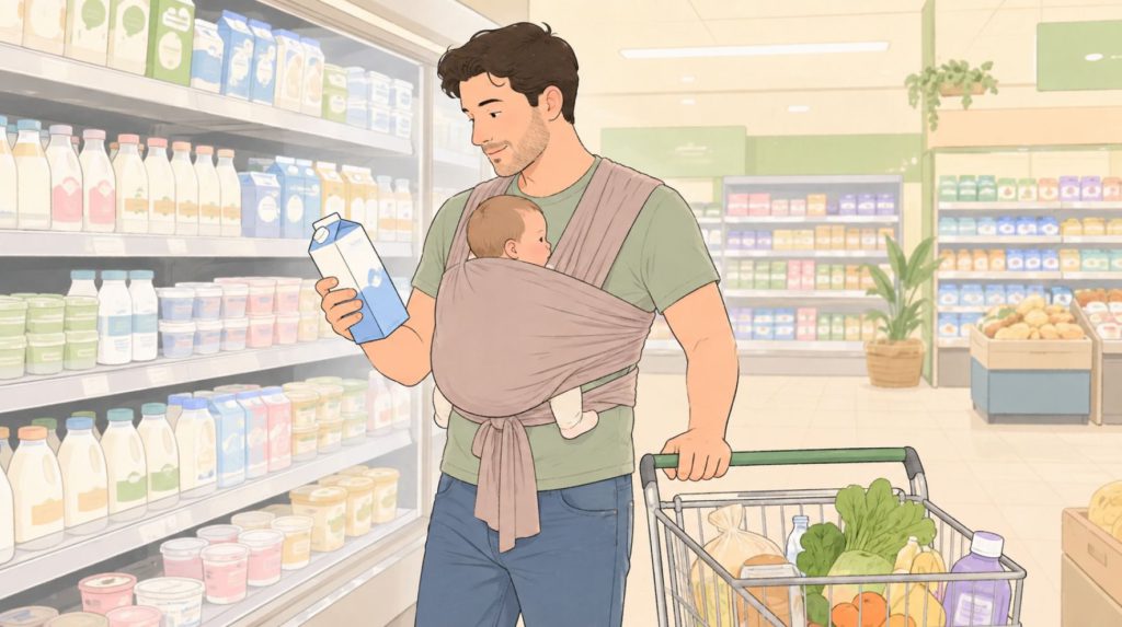 Father babywearing in a sling and shopping at a supermarket.