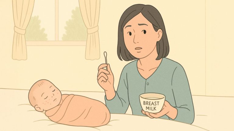 Mother preparing to apply breast milk with a cotton swab on a newborn baby’s face with acne — exploring breast milk for baby acne care.
