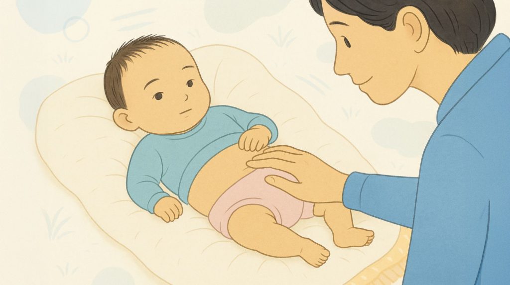 AParent gently massaging a baby’s tummy to help relieve constipation naturally.