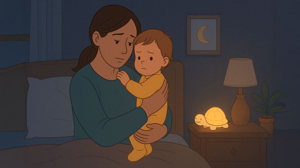 Parent comforting a toddler during sleep regression at night with a nightlight glowing in the bedroom.