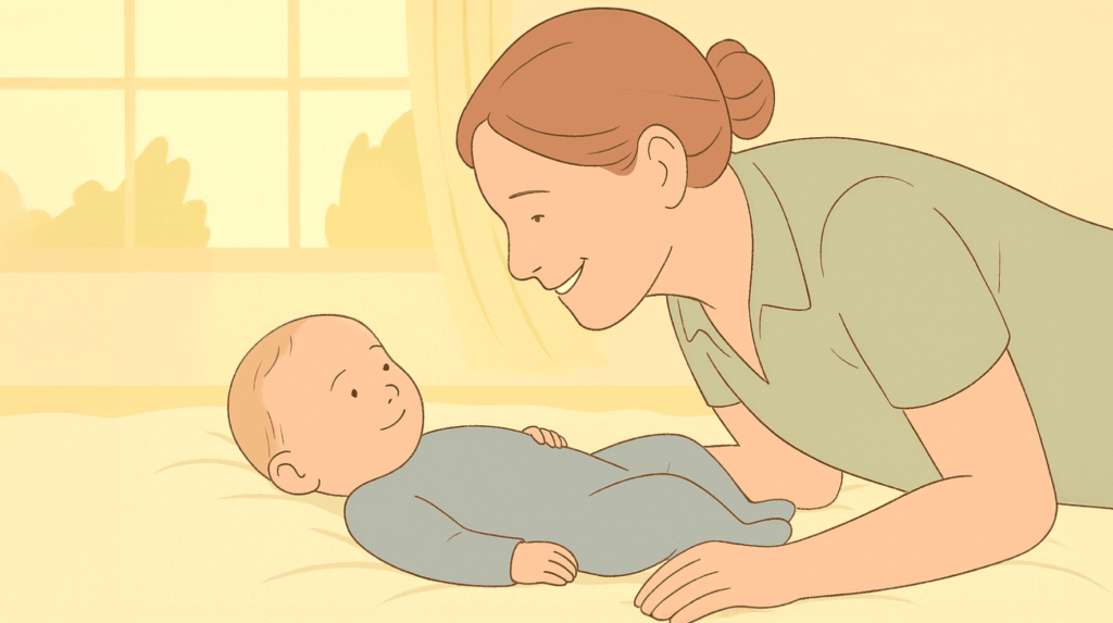 A mother and her baby sharing a joyful moment as the baby smiles for the first time. The mother is leaning in, engaging with the baby in a warm, intimate setting with soft, natural lighting.