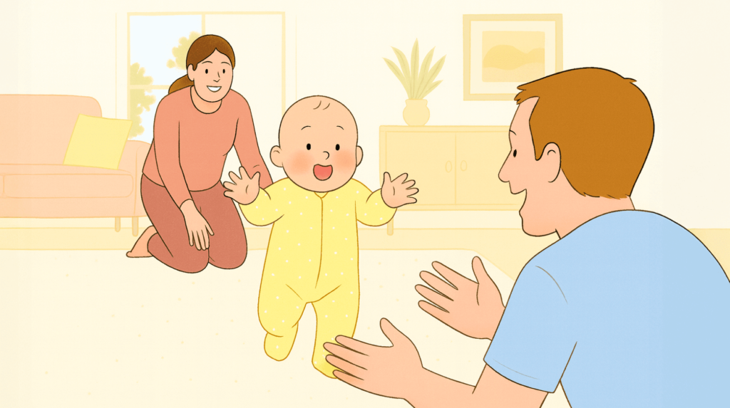 An infant in a yellow onesie takes first steps toward their smiling father with open arms, while the mother kneels behind, encouraging the baby in a cozy living room.