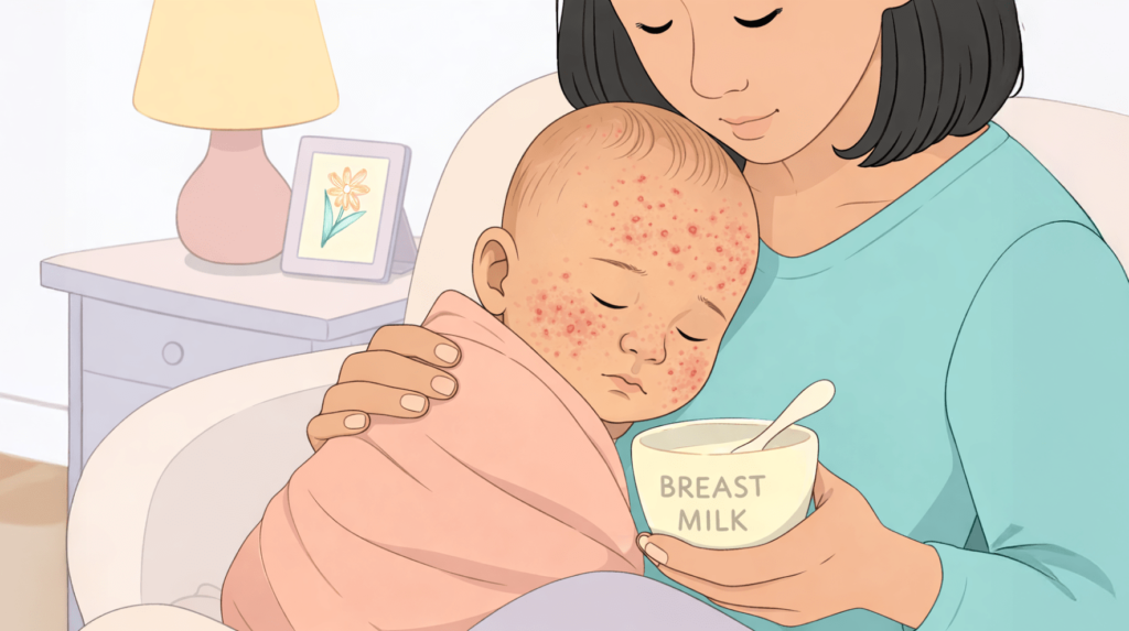 A mother holding her newborn in her arm who has baby acne and holding a bowl of breastmilk in her other hand.