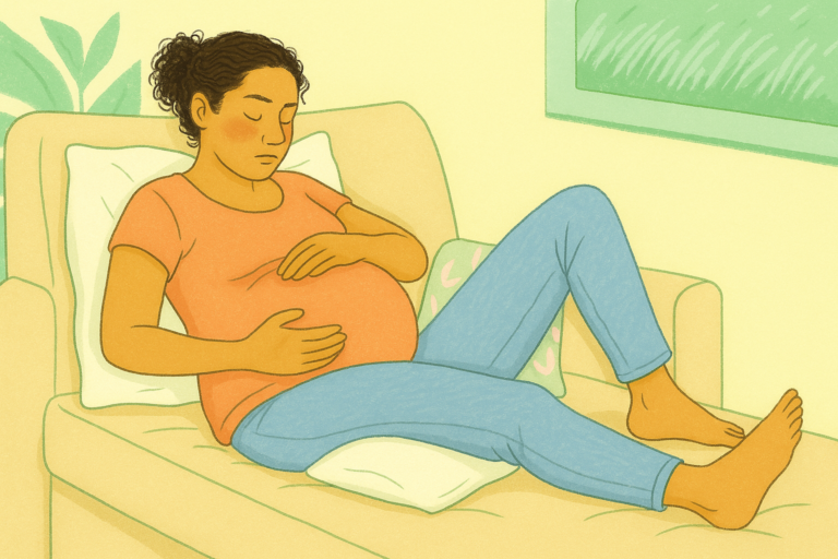 llustration of a pregnant woman resting on a couch with one hand on her belly, using pillows for support, showing how shifting positions can ease pregnancy discomfort.