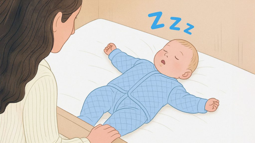 A parent looks at their baby sleeping on their back in a crib, breathing softly with a slightly open mouth — illustrating how baby sleep can include gentle sounds like snuffles or light snores.