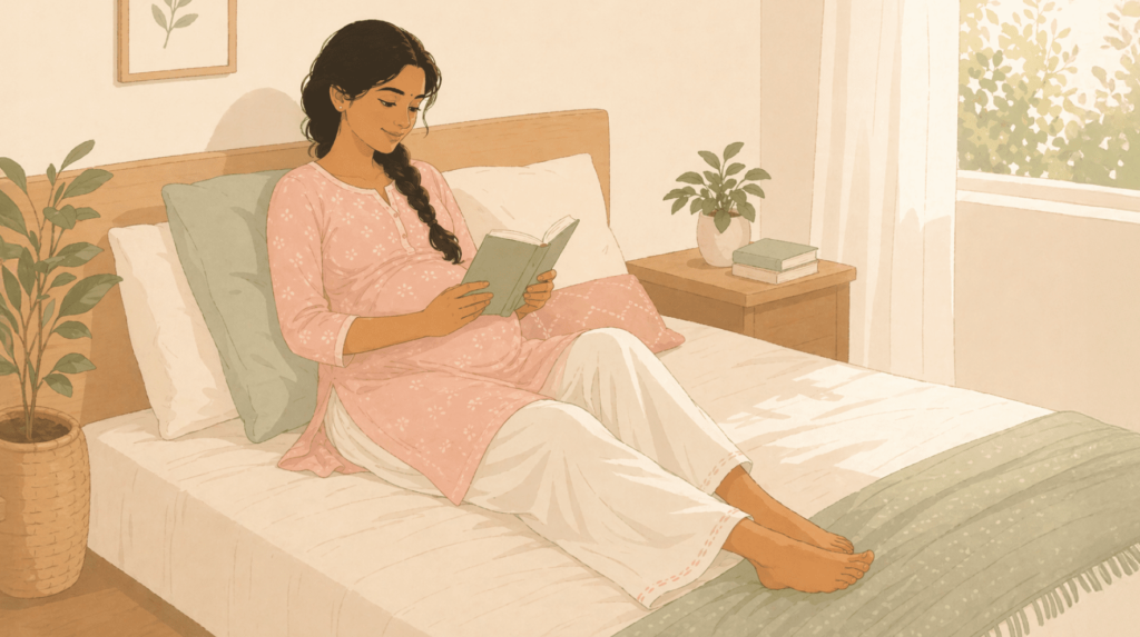 Illustration of a pregnant woman resting on her bed with reading book, using pillows for support, showing how shifting positions can ease pregnancy discomfort.
