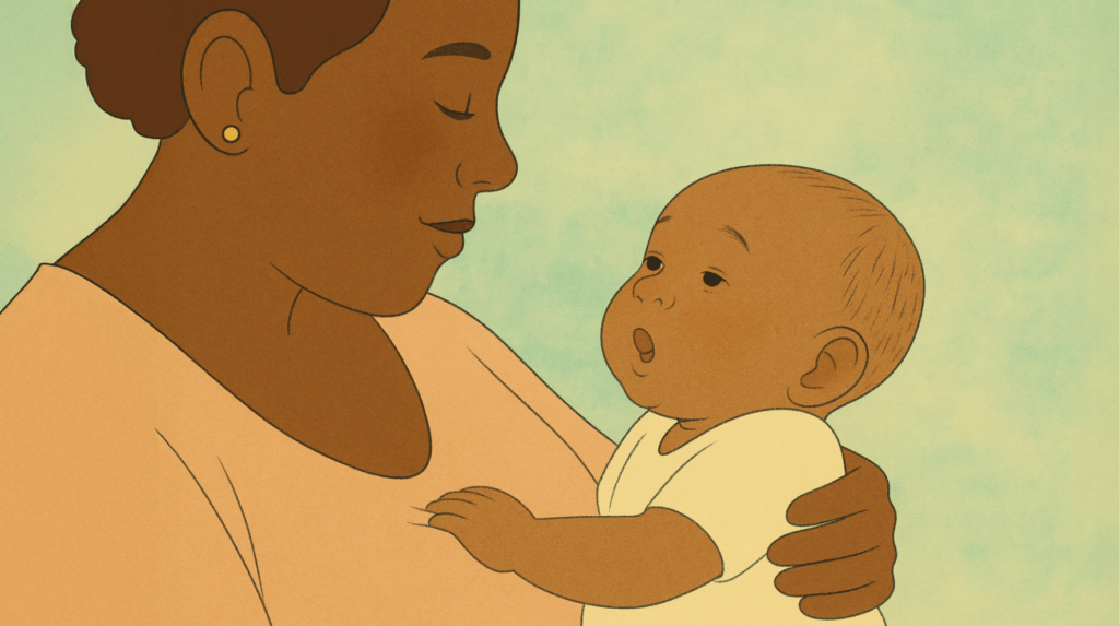 A parent holding their baby close during feeding time as the baby turns their head and opens their mouth — showing the rooting reflex, a newborn’s instinct to find the breast or bottle.