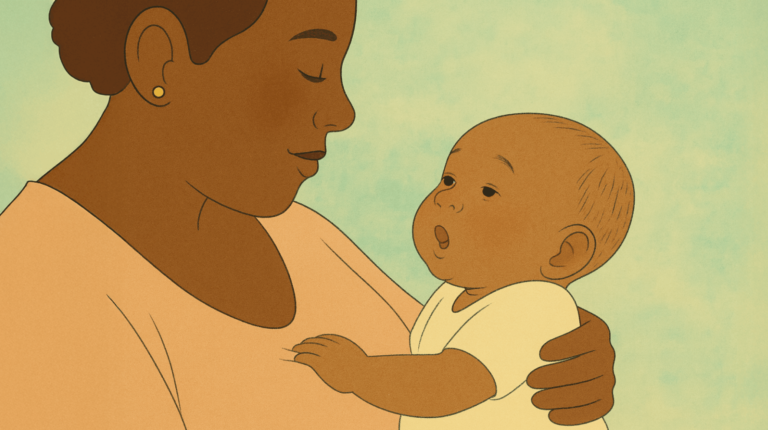 A parent holding their baby close during feeding time as the baby turns their head and opens their mouth — showing the rooting reflex, a newborn’s instinct to find the breast or bottle.