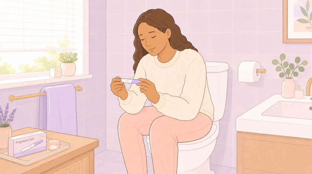A woman taking a home pregnancy test to confirm pregnancy after implantation bleeding or IVF treatment