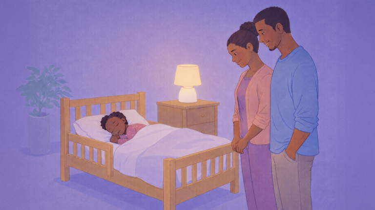 Parents standing and admiring their 2-3 year old toddler sleeping comfortably on her toddler bed in the night