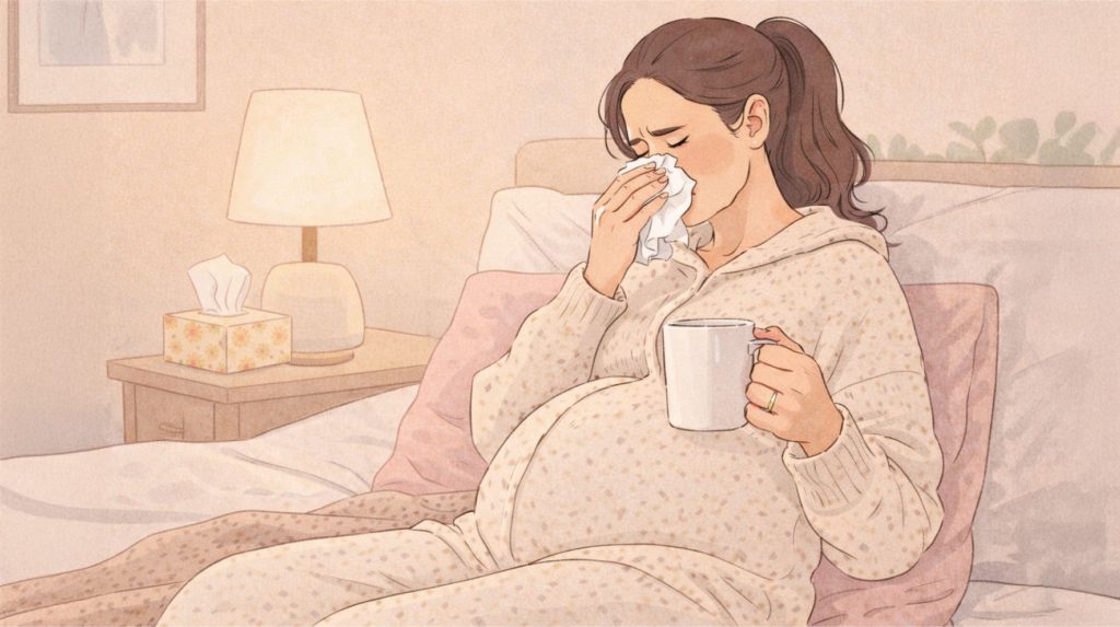 A pregnant woman wiping her nose with a hanky and holding a cup of hot liquid in another hand
