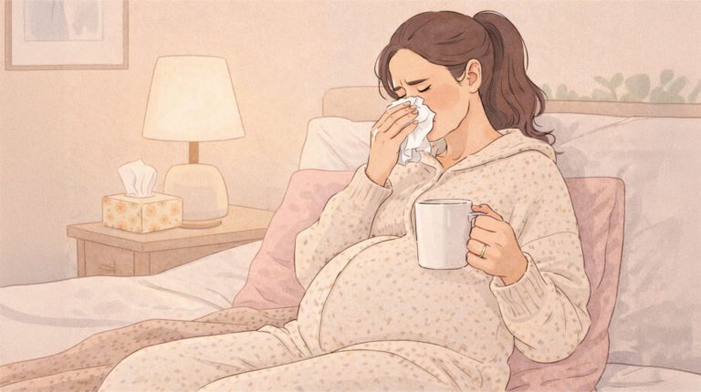 A pregnant woman wiping her nose with a hanky and holding a cup of hot liquid in another hand