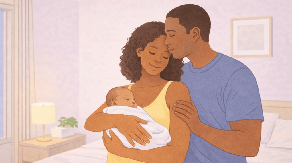 A new father sharing an intimate moment with his wife who is holding an infant in her arms