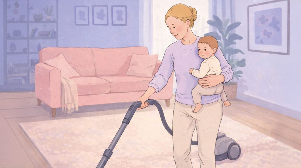 New mom holding her infant and spring cleaning with a vacuum cleaner