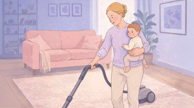 New mom holding her infant and spring cleaning with a vacuum cleaner