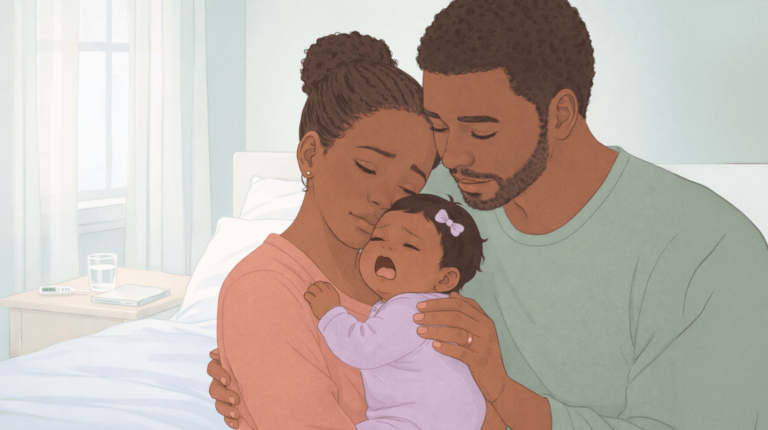 Parents looking upset while holding their infant who is in pain and crying due to norovirus