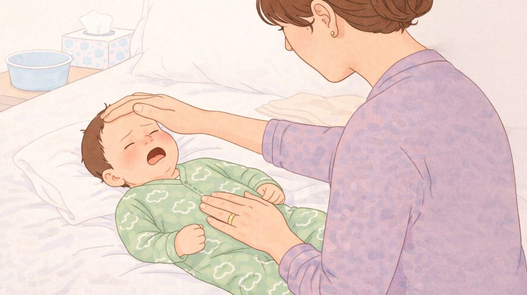 An infant lying on the bed, in pain and crying, being comforted by their mother