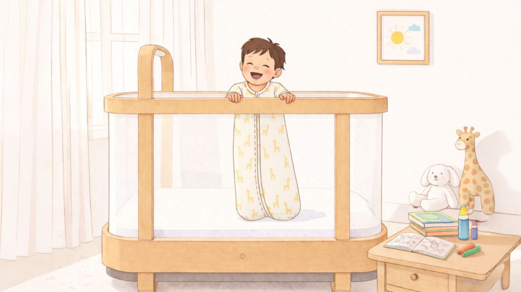 A toddler in his toddler sleep sack, standing in his crib and smiling in the morning light