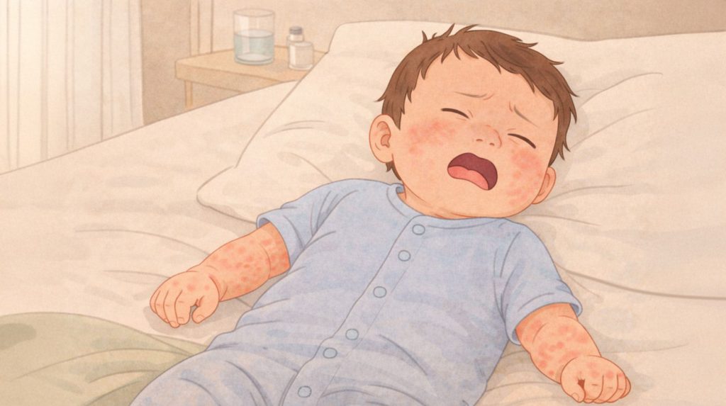 A baby having roseola rash on his body and looks in discomfort