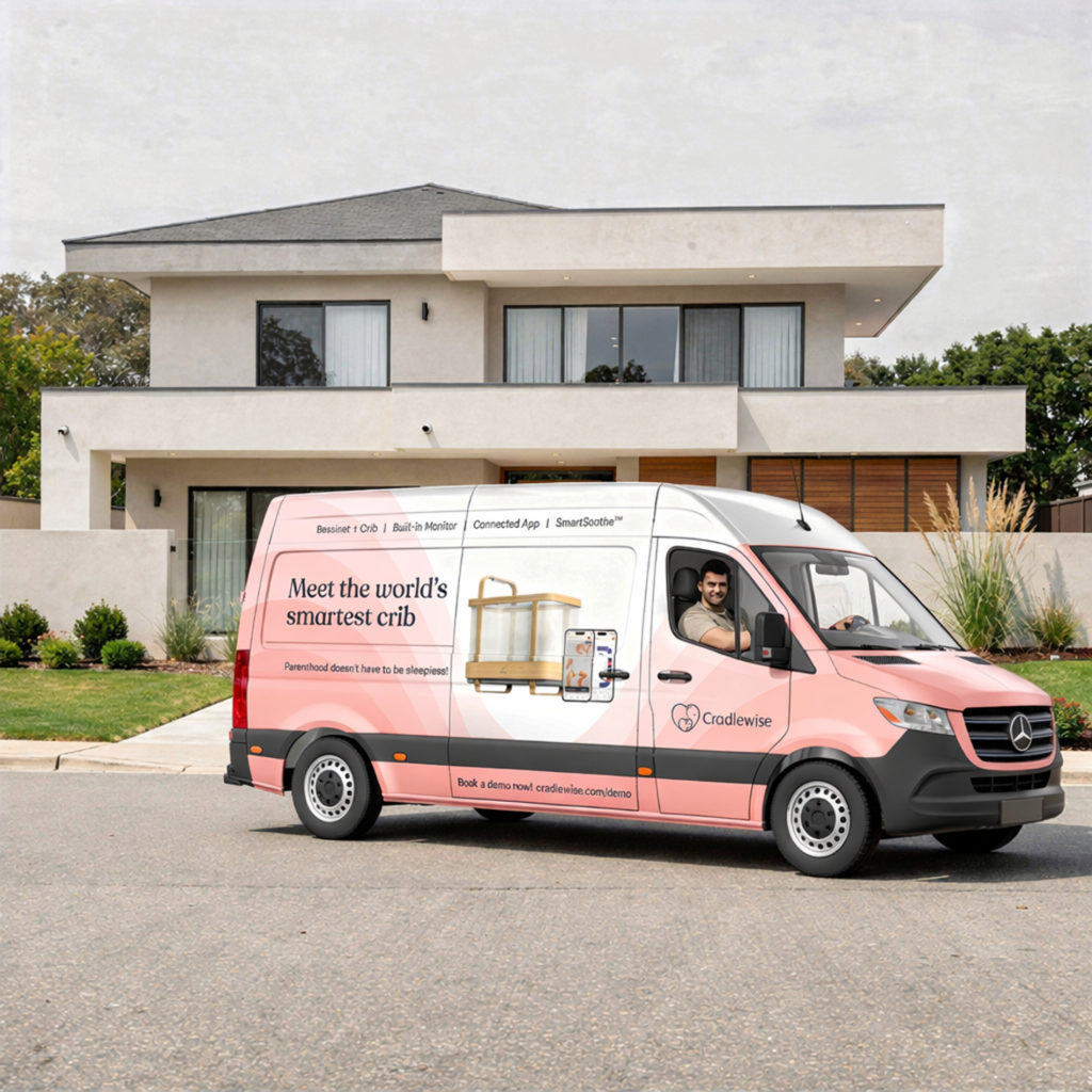 A mercedes sprinter van turned into a fully styled Cradlewise smart crib mobile nursery with a product specialist behind the wheel.