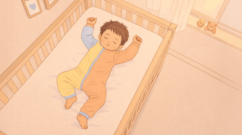 A toddler of 2-3 years old in colorful sleep suit sleeping comfortably in his crib.