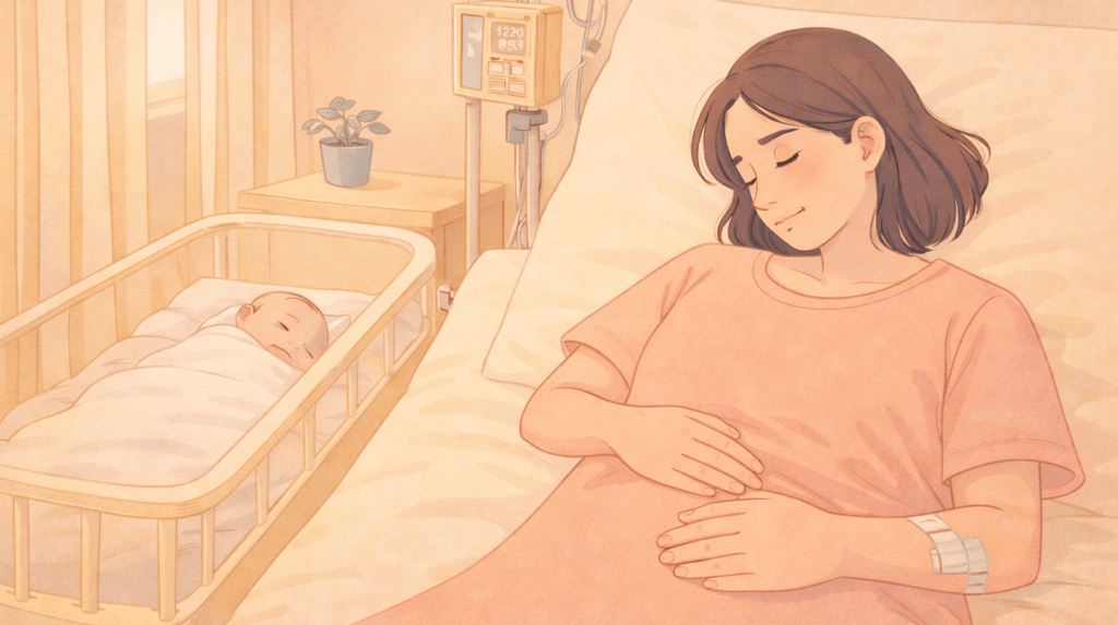 New mom recovering after cesarean birth, sleeping with her newborn.