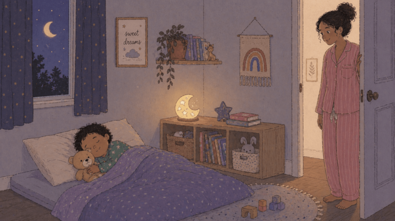 A 3 year old toddler sleeping in his bed alone, his mother standing at the doorway and smiling at his sleeping form