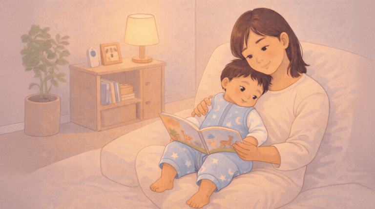 A toddler on the lap of his mother who is reading a book to him