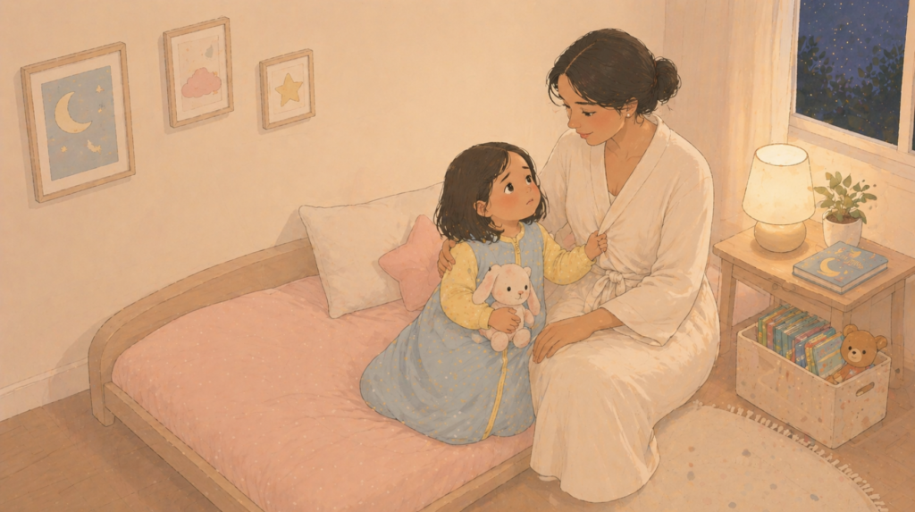 A toddler won't sleep alone, so her mother is reassuring her and preparing her to sleep independently.