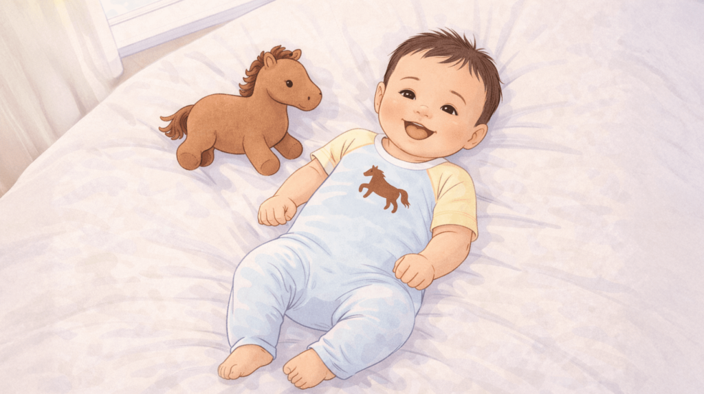 Year of the horse baby wearing a sleep suit with horse print, lying on the bed with a horse soft toy, and smiling