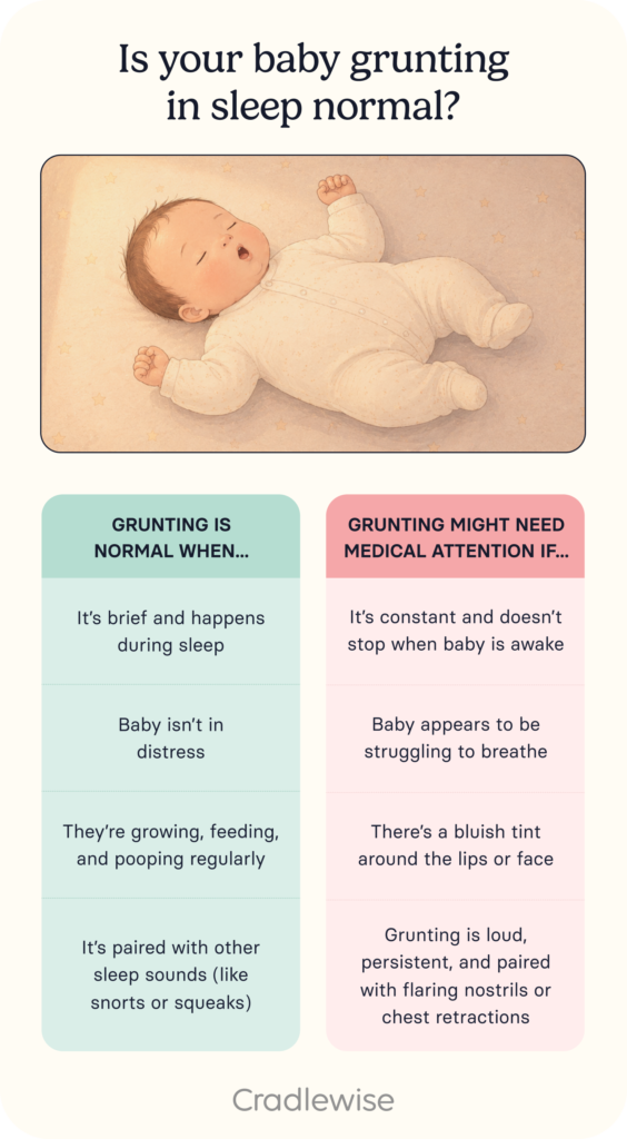 Baby grunting in sleep? Table with when is grunting normal and when it needs medical attention.