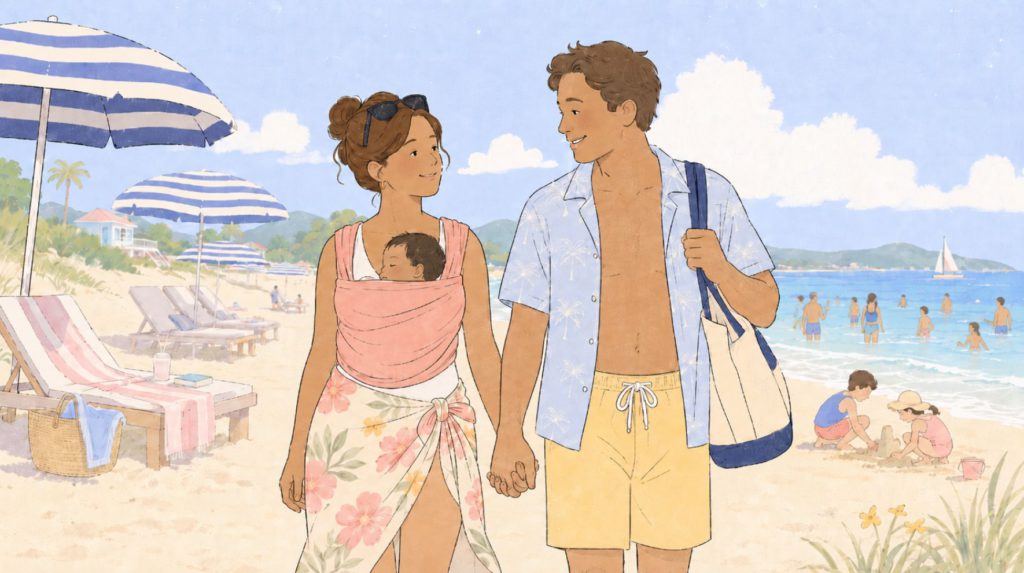 New parents enjoying their summer vacation on the beach with their newborn baby